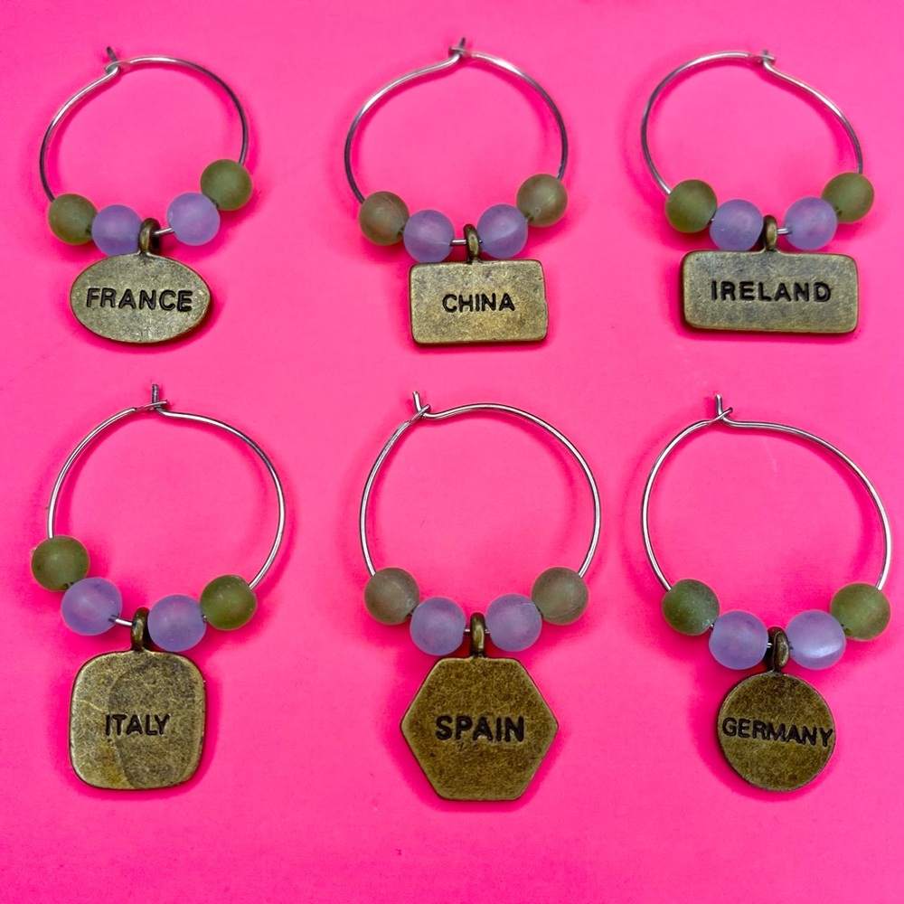 Set of Wine Glass Charms with Country Tags and Greetings